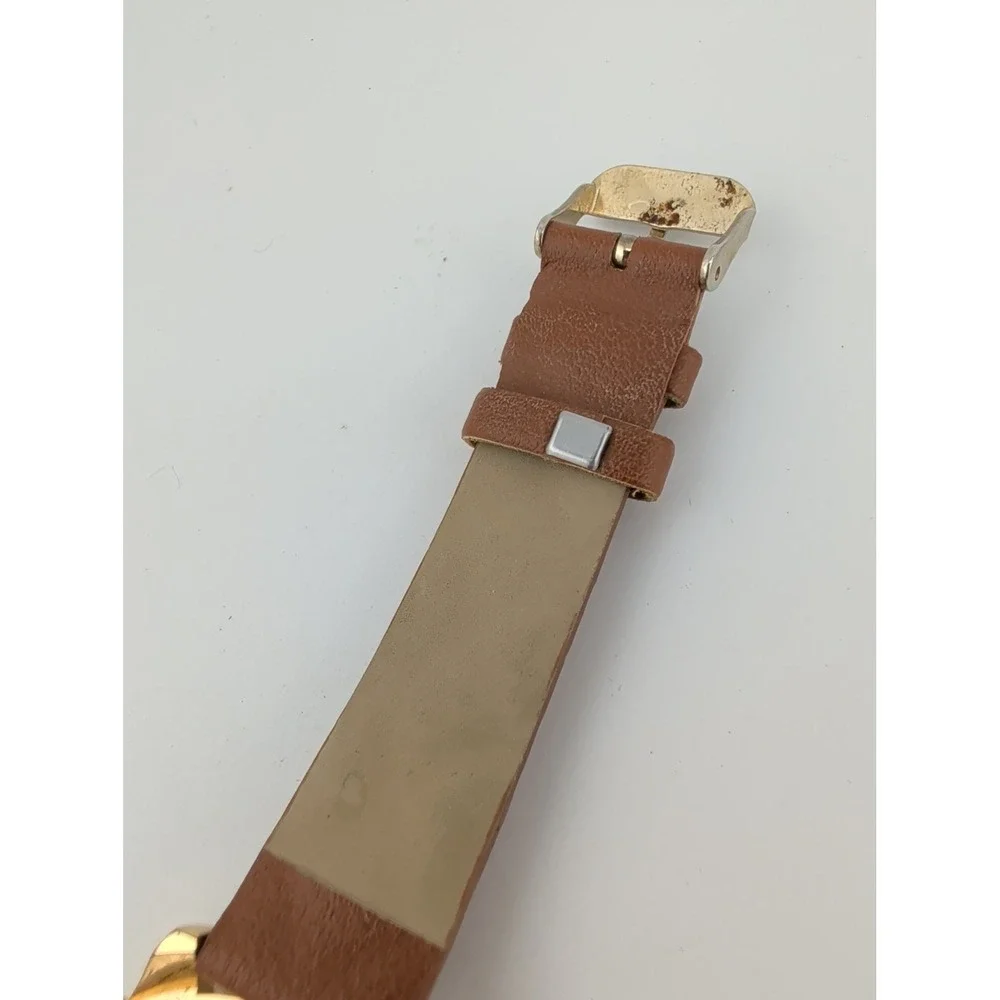 Women's Gold Watch 34mm Case Crystal Bezel Brown Faux Leather Band- New Battery